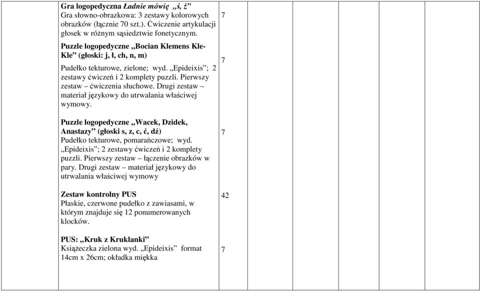 Drugi zestaw materiał językowy do utrwalania właściwej wymowy. Puzzle logopedyczne Wacek, Dzidek, Anastazy (głoski s, z, c, ć, dź) Pudełko tekturowe, pomarańczowe; wyd.