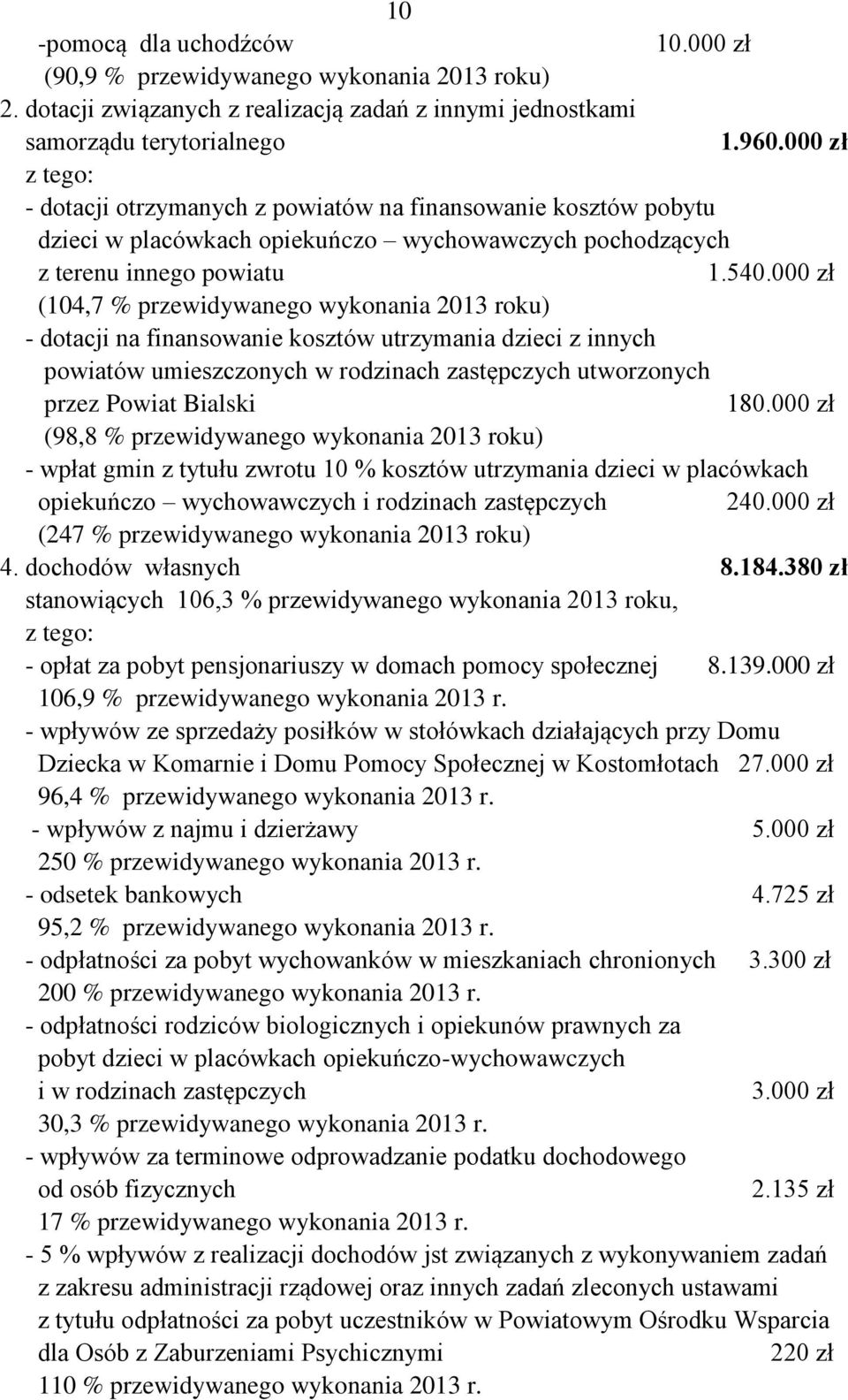000 zł (104,7 % przewidywanego wykonania 2013 roku) - dotacji na finansowanie kosztów utrzymania dzieci z innych powiatów umieszczonych w rodzinach zastępczych utworzonych przez Powiat Bialski 180.