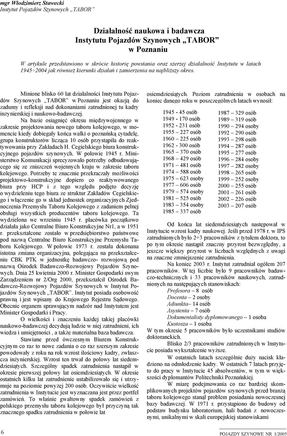 Mnon blsko 6 lat dzałalnośc Instytutu Poazdów Szynowych TABOR w Poznanu st okazą do zadumy rflks nad dokonanam zatrudnon tu kadry nżynrsk naukowo-badawcz.