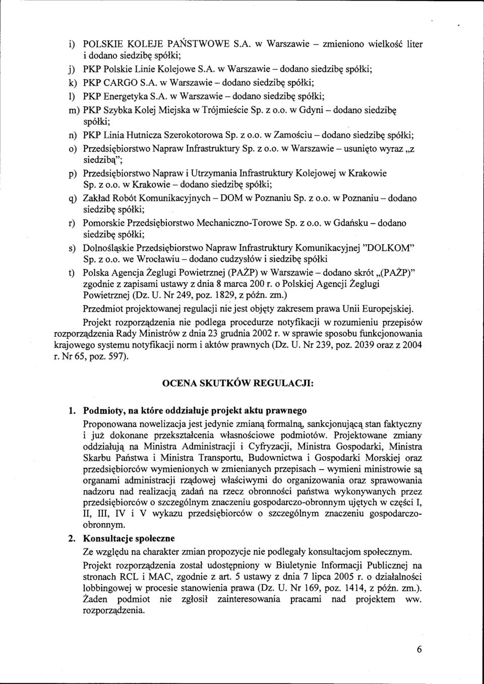 z o.o. w Warszawie- usunięto wyraz "z siedzibą"; p) Przedsiębiorstwo Napraw i Utrzymania Infrastruktury Kolejowej w Krakowie Sp. z o.o. w Krakowie - dodano siedzibę spółki; q) Zakład Robót Komunikacyjnych- DOM w Poznaniu Sp.