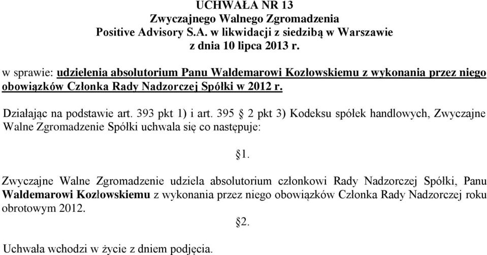 Zwyczajne Walne Zgromadzenie udziela absolutorium członkowi Rady Nadzorczej Spółki,