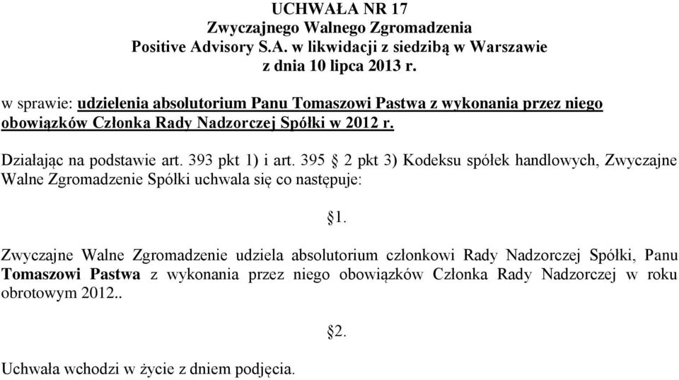 Zwyczajne Walne Zgromadzenie udziela absolutorium członkowi Rady Nadzorczej Spółki,