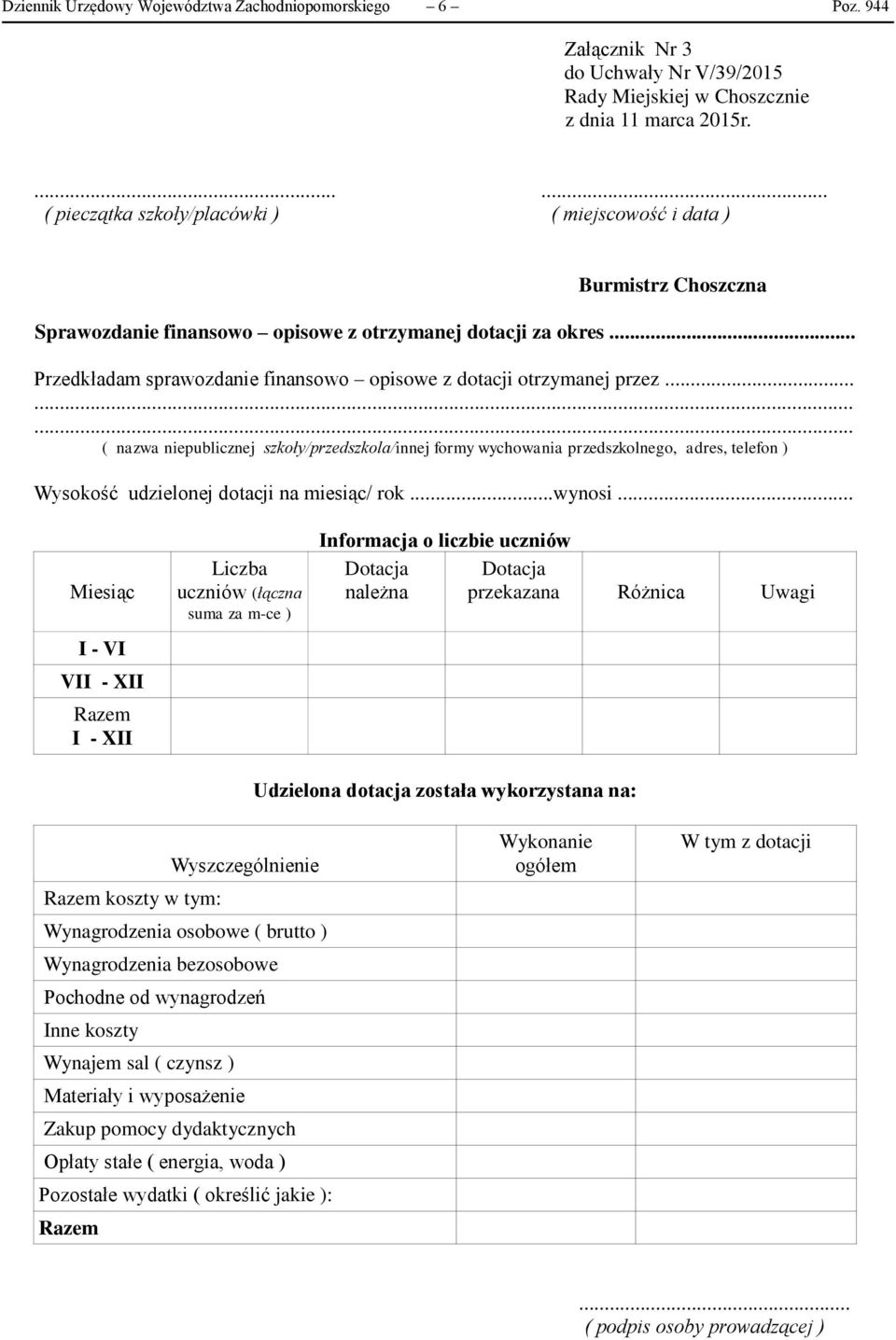 .. Przedkładam sprawozdanie finansowo opisowe z dotacji otrzymanej przez.