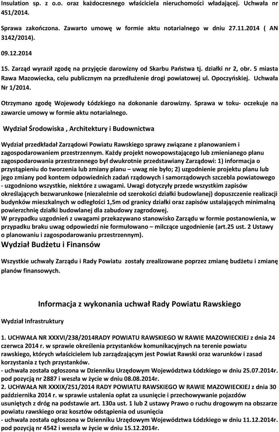 Uchwała Nr 1/2014. Otrzymano zgodę Wojewody Łódzkiego na dokonanie darowizny. Sprawa w toku- oczekuje na zawarcie umowy w formie aktu notarialnego.