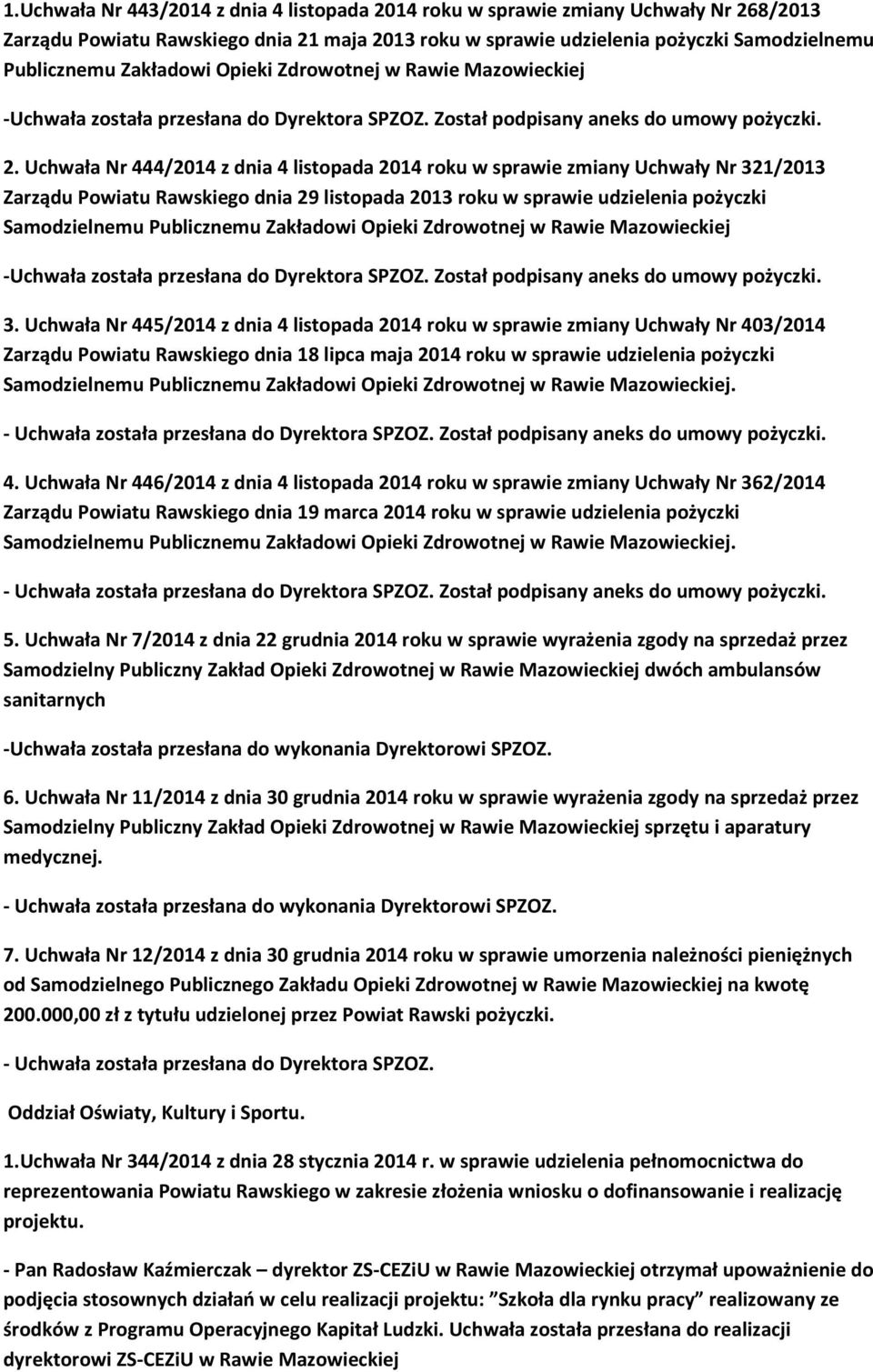 Uchwała Nr 444/2014 z dnia 4 listopada 2014 roku w sprawie zmiany Uchwały Nr 321/2013 Zarządu Powiatu Rawskiego dnia 29 listopada 2013 roku w sprawie udzielenia pożyczki Samodzielnemu Publicznemu