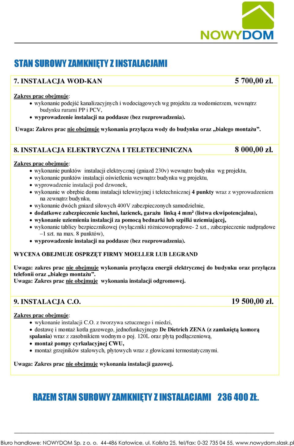Uwaga: Zakres prac nie obejmuje wykonania przyłącza wody do budynku oraz białego montażu. 8. INSTALACJA ELEKTRYCZNA I TELETECHNICZNA 8 000,00 zł.