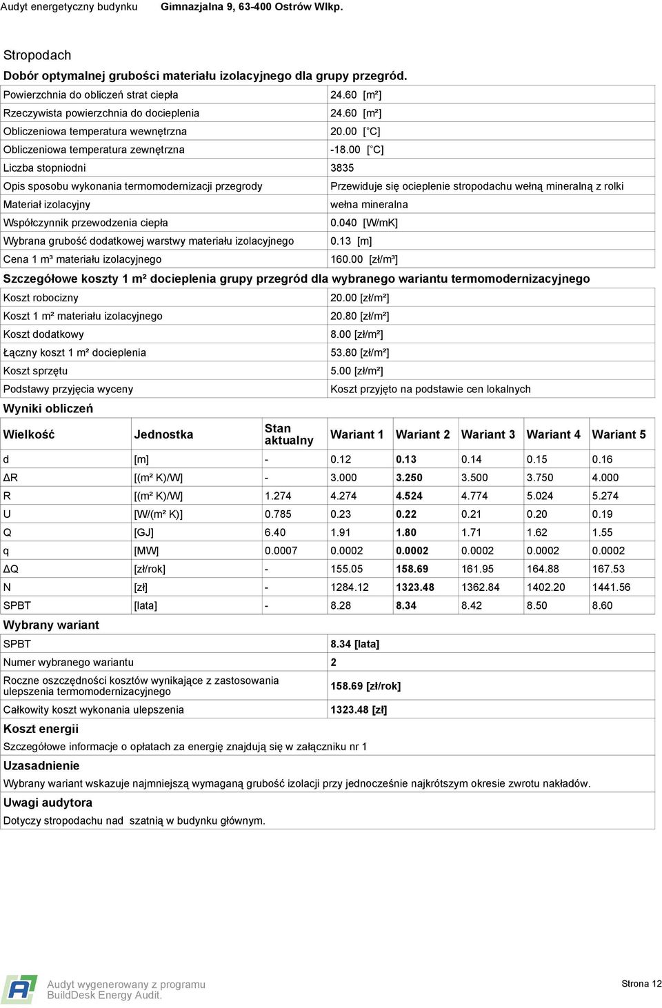 termomodernizacji przegrody Materiał izolacyjny przewodzenia ciepła Wybrana grubość dodatkowej warstwy materiału izolacyjnego Cena 1 m³ materiału izolacyjnego 24.60 [m²] 24.60 [m²] 20.00 [ C] -18.