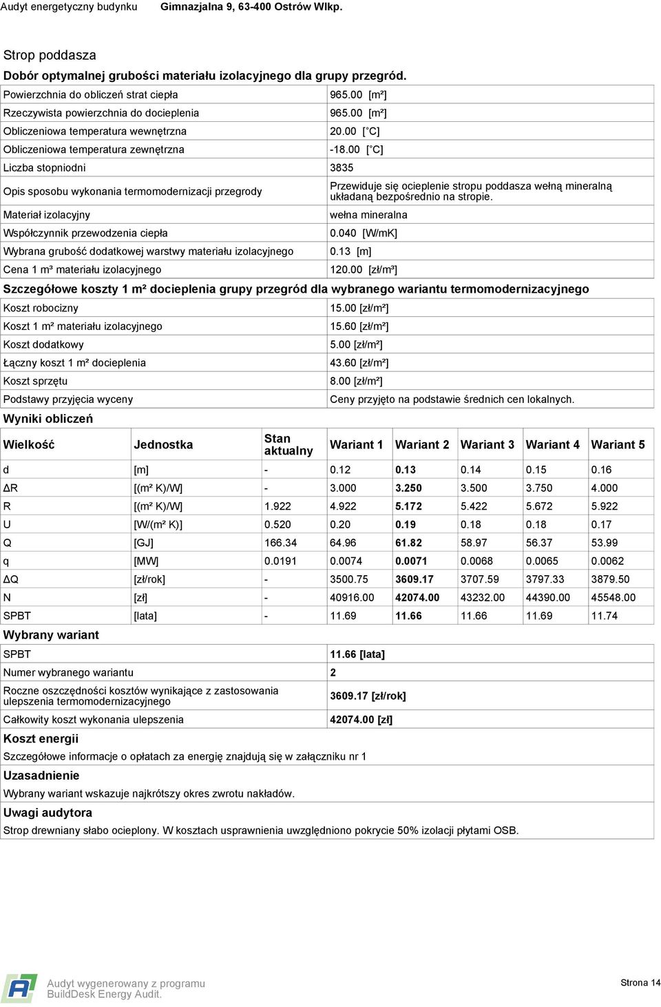 termomodernizacji przegrody Materiał izolacyjny przewodzenia ciepła Wybrana grubość dodatkowej warstwy materiału izolacyjnego Cena 1 m³ materiału izolacyjnego 965.00 [m²] 965.00 [m²] 20.00 [ C] -18.