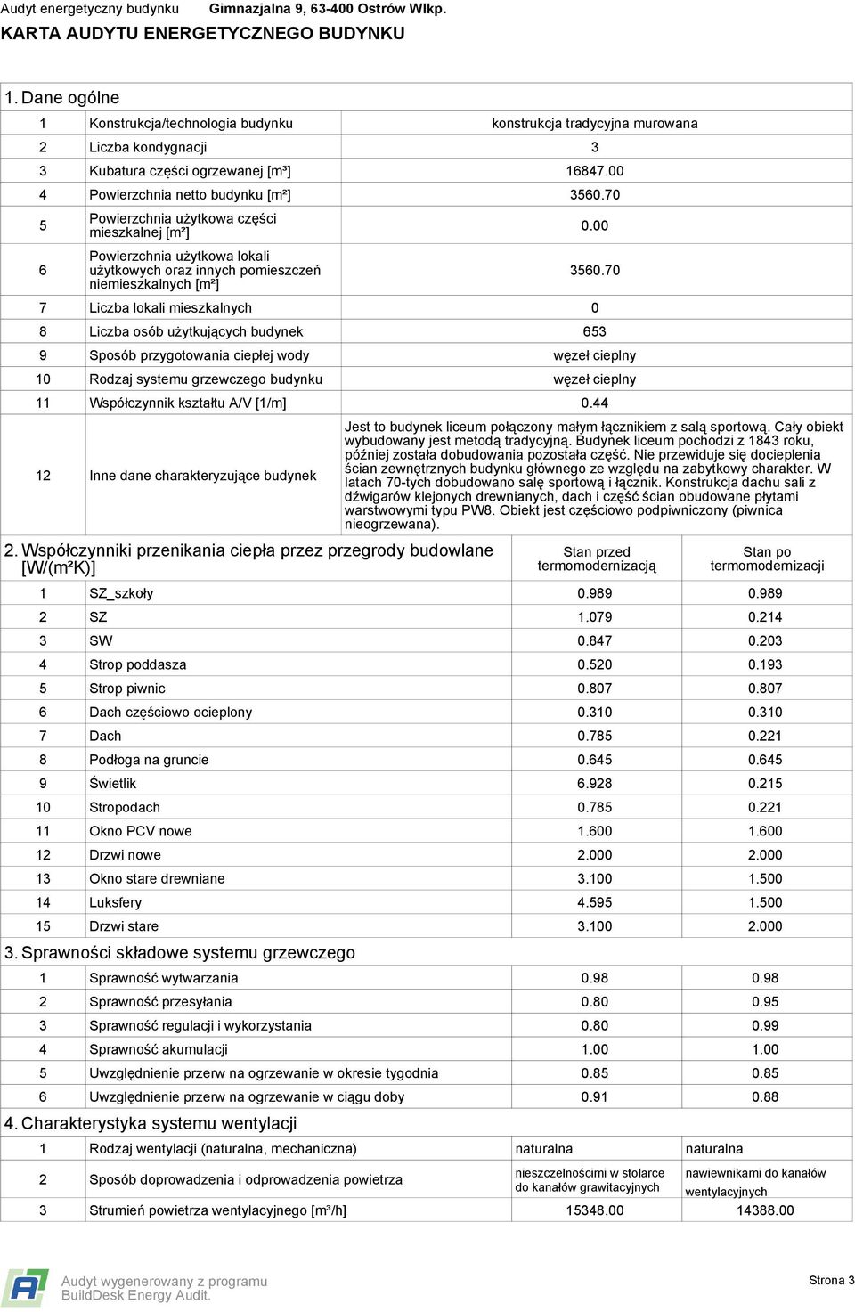 70 7 Liczba lokali mieszkalnych 0 8 Liczba osób użytkujących budynek 653 9 Sposób przygotowania ciepłej wody węzeł cieplny 10 Rodzaj systemu grzewczego budynku węzeł cieplny 11 kształtu A/V [1/m] 0.