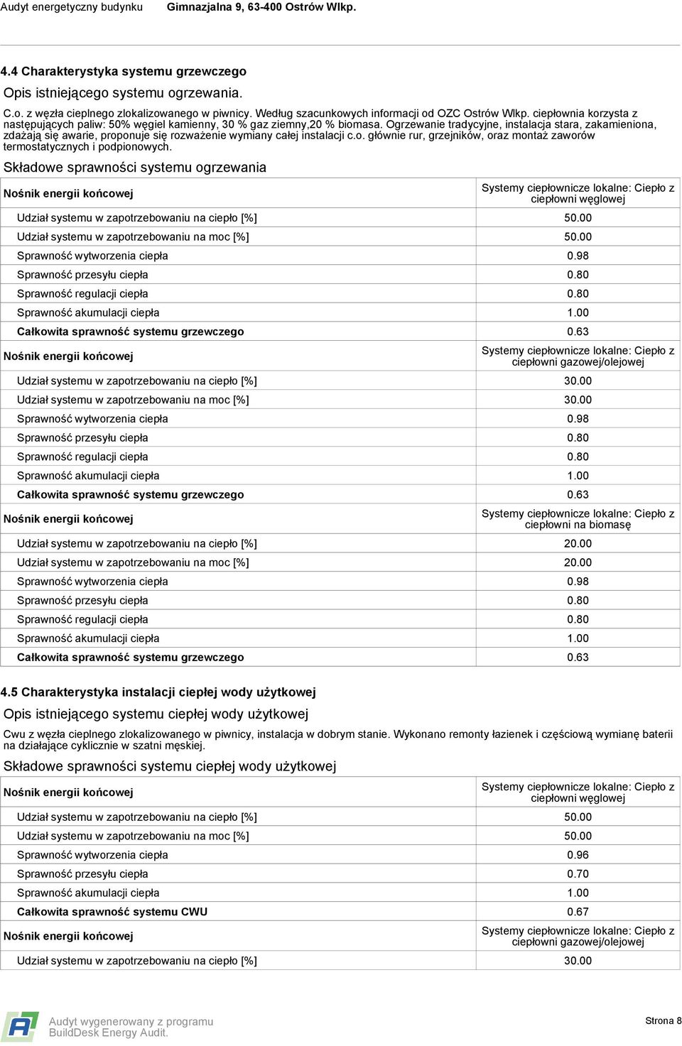 Ogrzewanie tradycyjne, instalacja stara, zakamieniona, zdażają się awarie, proponuje się rozważenie wymiany całej instalacji c.o. głównie rur, grzejników, oraz montaż zaworów termostatycznych i podpionowych.