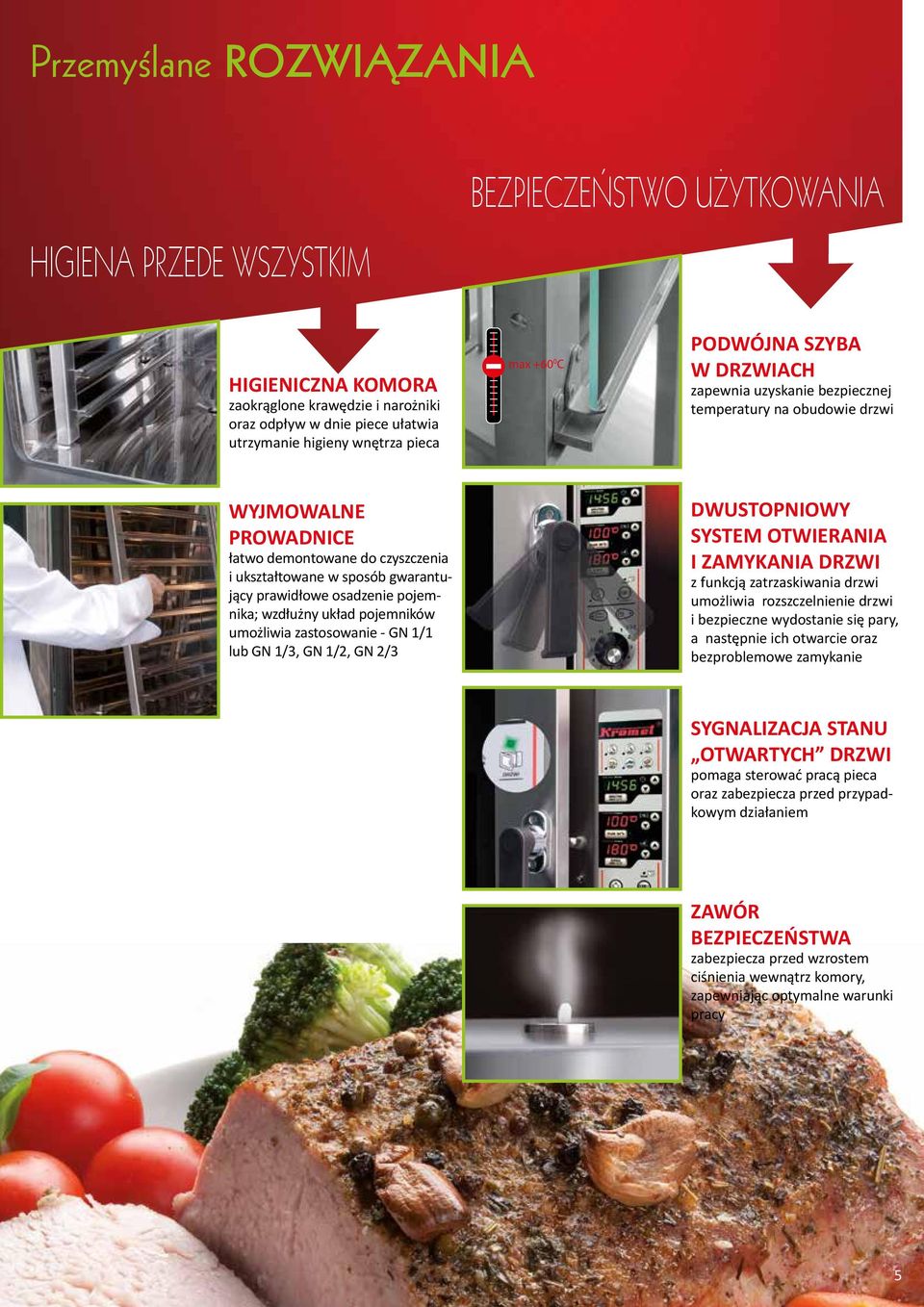 osadzenie pojemnika; wzdłużny układ pojemników umożliwia zastosowanie - GN 1/1 lub GN 1/3, GN 1/2, GN 2/3 DWUSTOPNIOWY SYSTEM OTWIERANIA I ZAMYKANIA DRZWI z funkcją zatrzaskiwania drzwi umożliwia