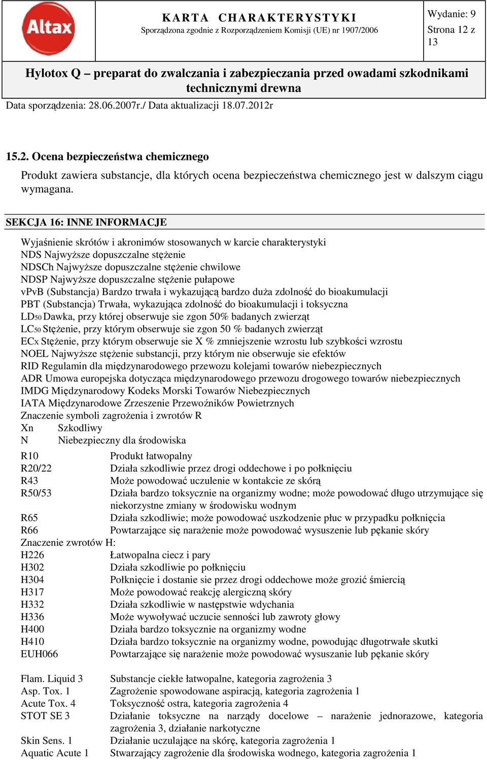 dopuszczalne stężenie pułapowe vpvb (Substancja) Bardzo trwała i wykazującą bardzo duża zdolność do bioakumulacji PBT (Substancja) Trwała, wykazująca zdolność do bioakumulacji i toksyczna LD50 Dawka,