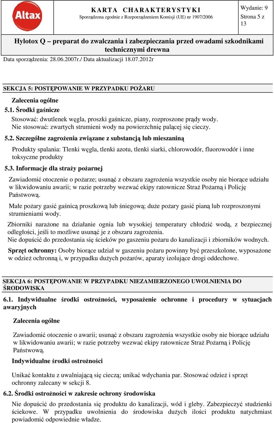 Szczególne zagrożenia związane z substancją lub mieszaniną Produkty spalania: Tlenki węgla, tlenki azotu, tlenki siarki, chlorowodór, fluorowodór i inne toksyczne produkty 5.3.
