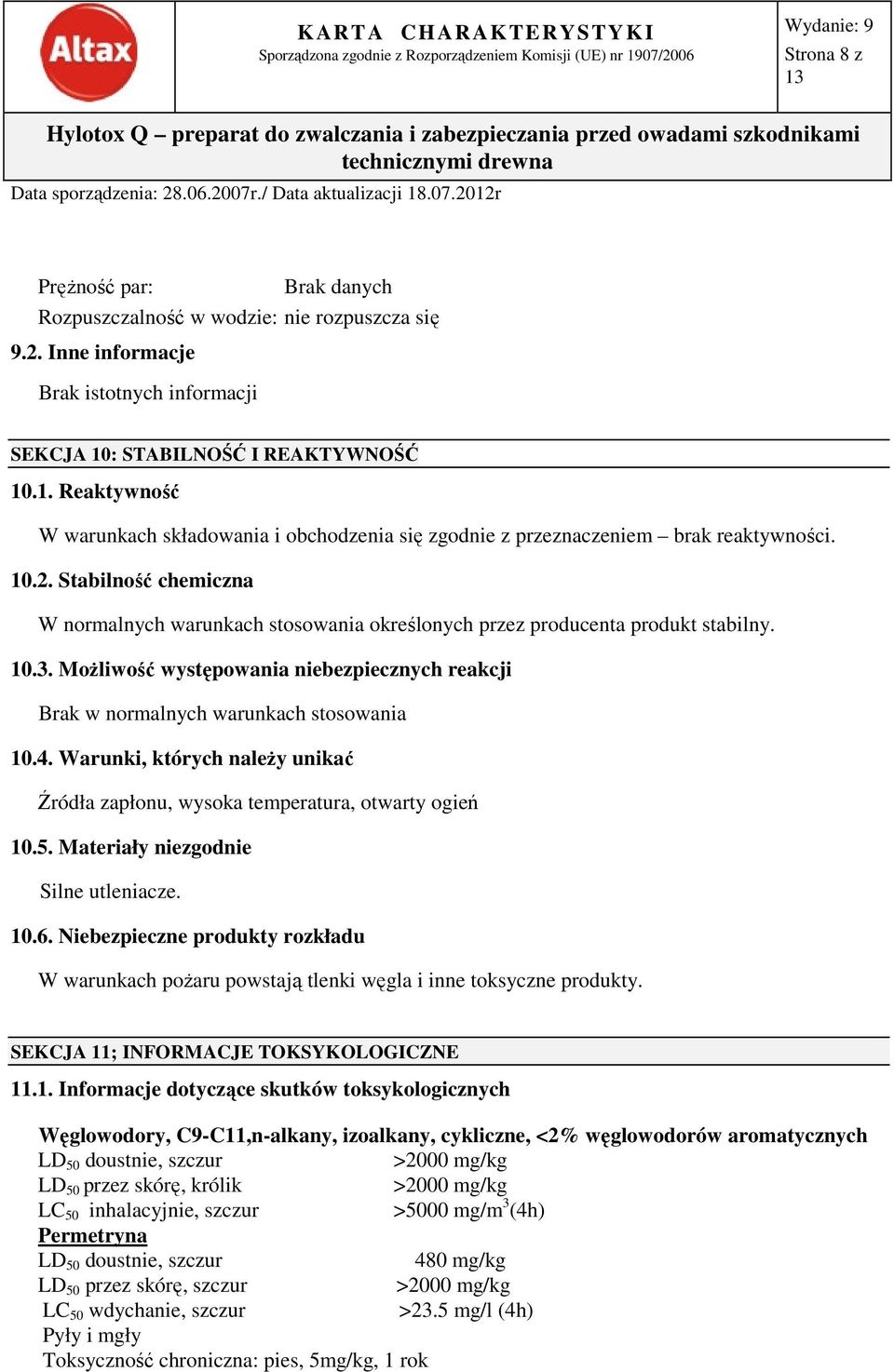 Stabilność chemiczna W normalnych warunkach stosowania określonych przez producenta produkt stabilny. 10.3. Możliwość występowania niebezpiecznych reakcji Brak w normalnych warunkach stosowania 10.4.