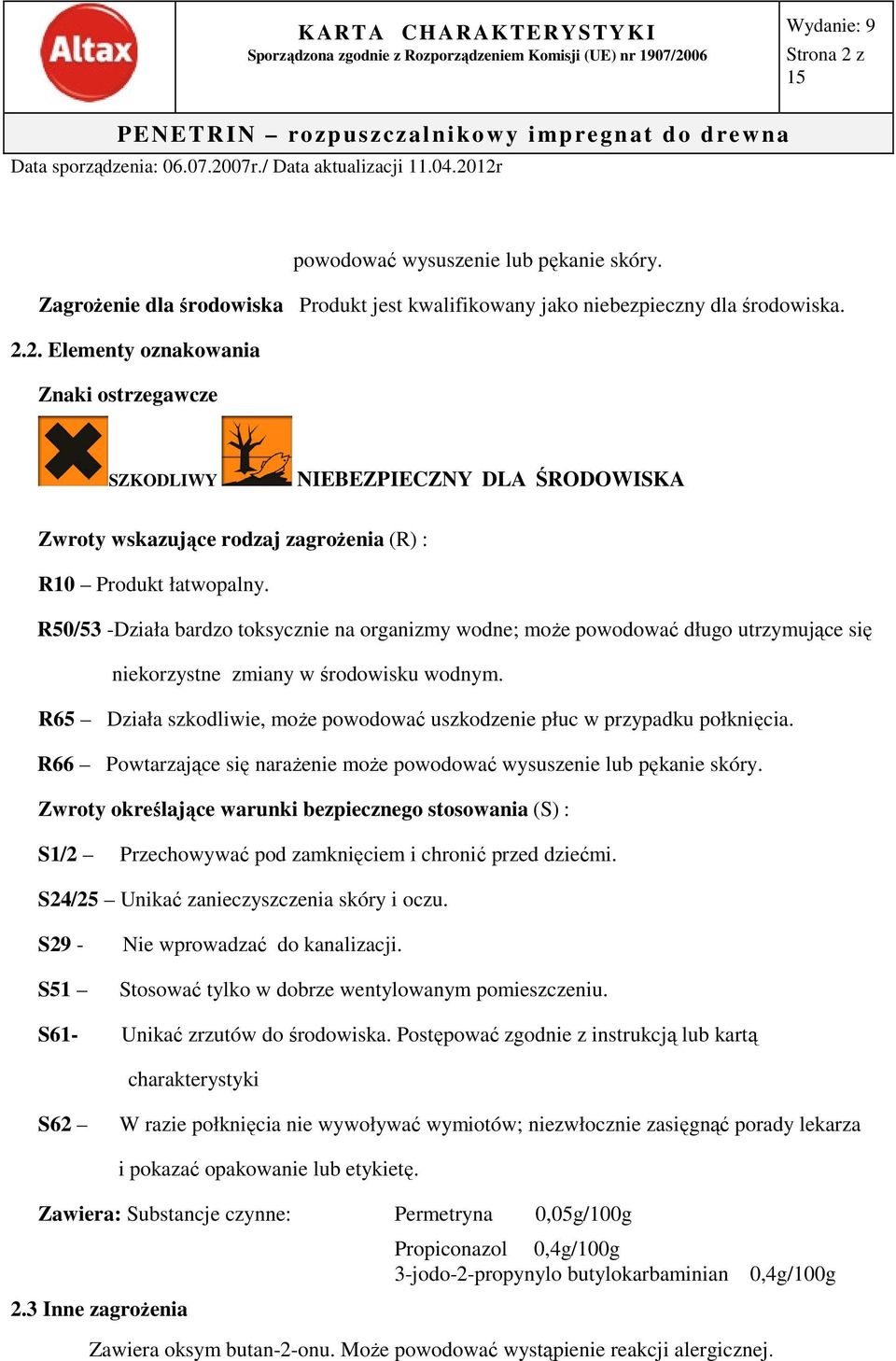 R65 Działa szkodliwie, może powodować uszkodzenie płuc w przypadku połknięcia. R66 Powtarzające się narażenie może powodować wysuszenie lub pękanie skóry.