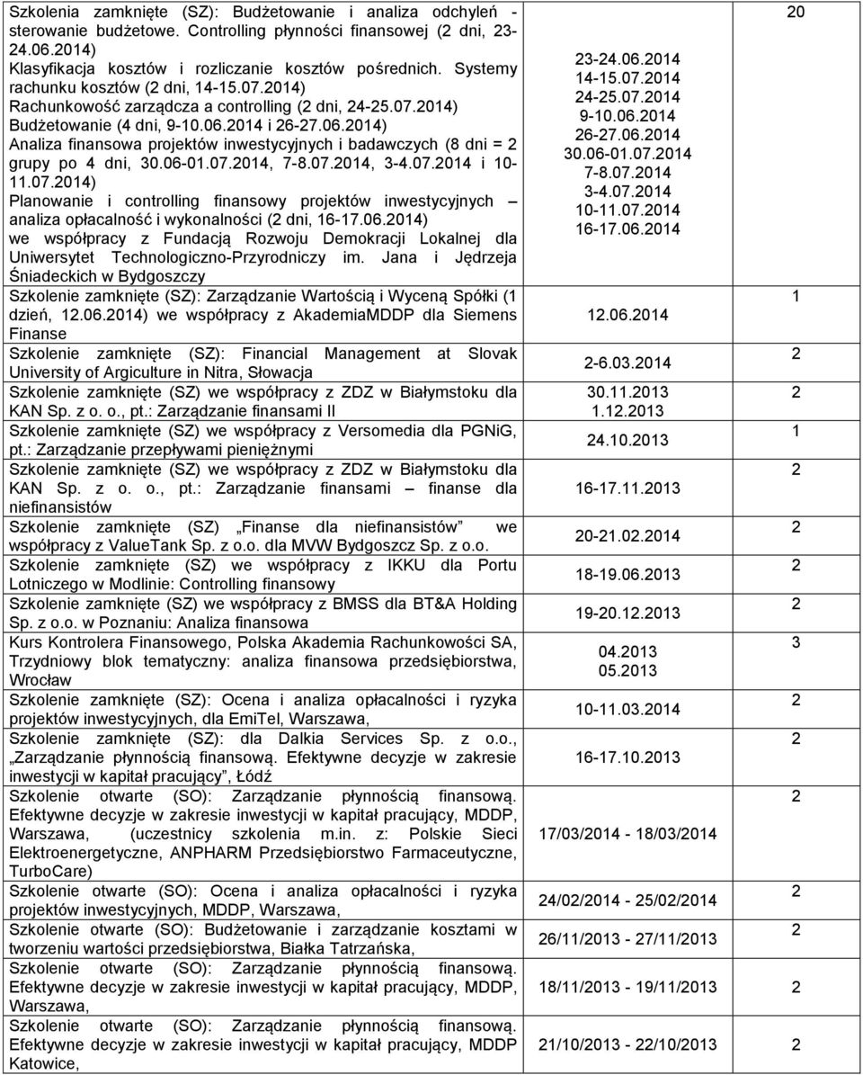 0 i 6-7.06.0) Analiza finansowa projektów inwestycyjnych i badawczych (8 dni = grupy po dni, 30.06-0.07.