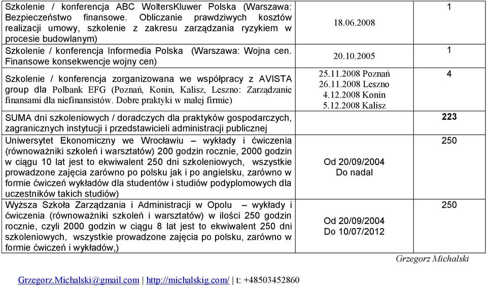 Finansowe konsekwencje wojny cen) Szkolenie / konferencja zorganizowana we współpracy z AVISTA group dla Polbank EFG (Poznań, Konin, Kalisz, Leszno: Zarządzanie finansami dla niefinansistów.