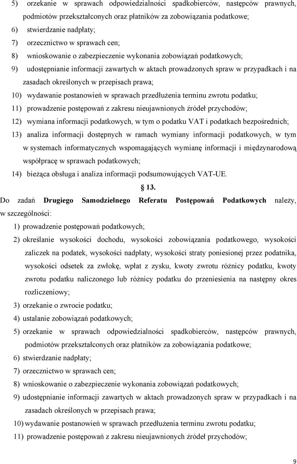 10) wydawanie postanowień w sprawach przedłużenia terminu zwrotu podatku; 11) prowadzenie postępowań z zakresu nieujawnionych źródeł przychodów; 12) wymiana informacji podatkowych, w tym o podatku