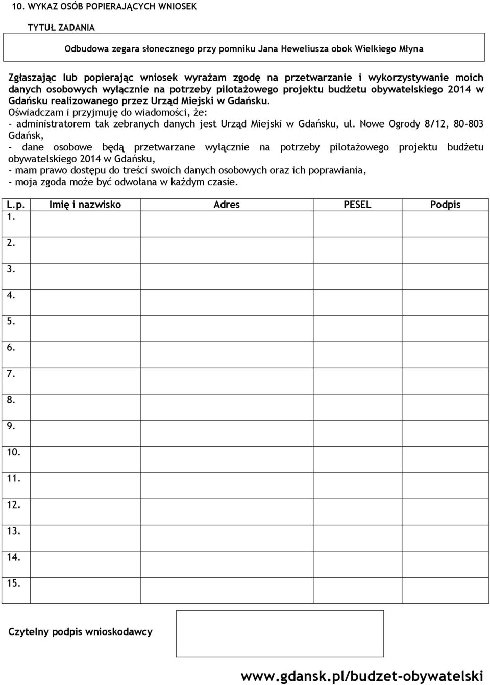 Oświadczam i przyjmuję do wiadomości, że: - administratorem tak zebranych danych jest Urząd Miejski w Gdańsku, ul.
