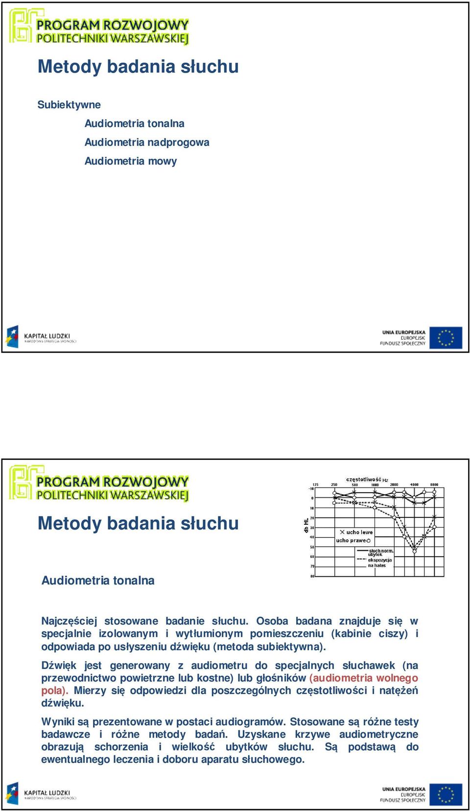 Dźwięk jest generowany z audiometru do specjalnych słuchawek (na przewodnictwo powietrzne lub kostne) lub głośników (audiometria wolnego pola).