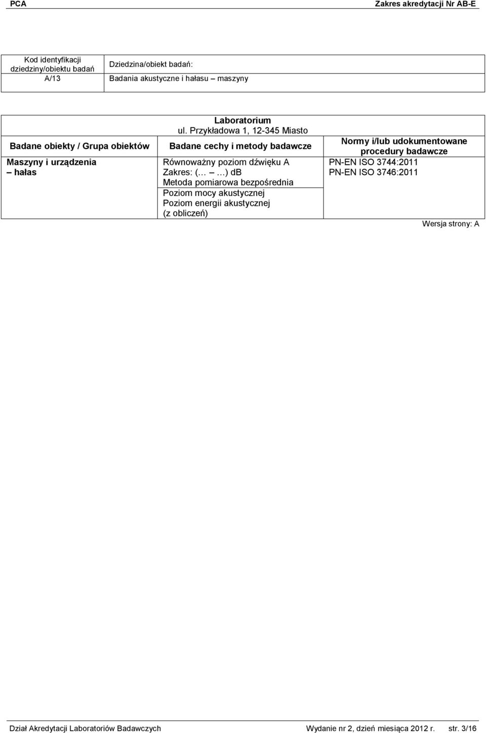 energii akustycznej PN-EN ISO 3744:2011 PN-EN ISO 3746:2011 Dział