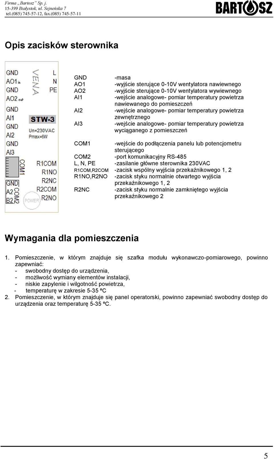 lub potencjometru sterującego COM2 -port komunikacyjny RS-485 L, N, PE -zasilanie główne sterownika 230VAC R1COM,R2COM -zacisk wspólny wyjścia przekaźnikowego 1, 2 R1NO,R2NO -zacisk styku normalnie