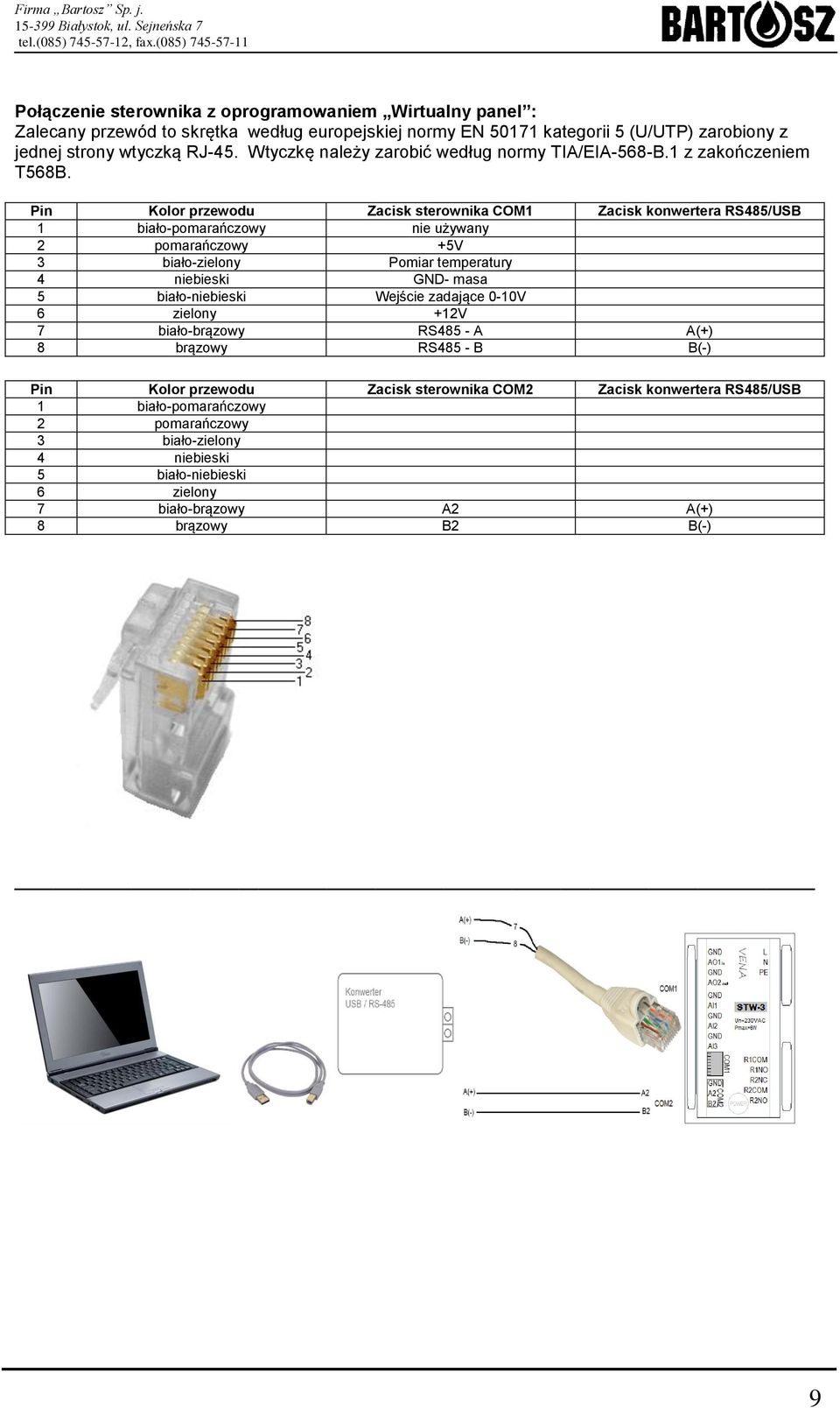 Pin Kolor przewodu Zacisk sterownika COM1 Zacisk konwertera RS485/USB 1 biało-pomarańczowy nie używany 2 pomarańczowy +5V 3 biało-zielony Pomiar temperatury 4 niebieski GND- masa 5