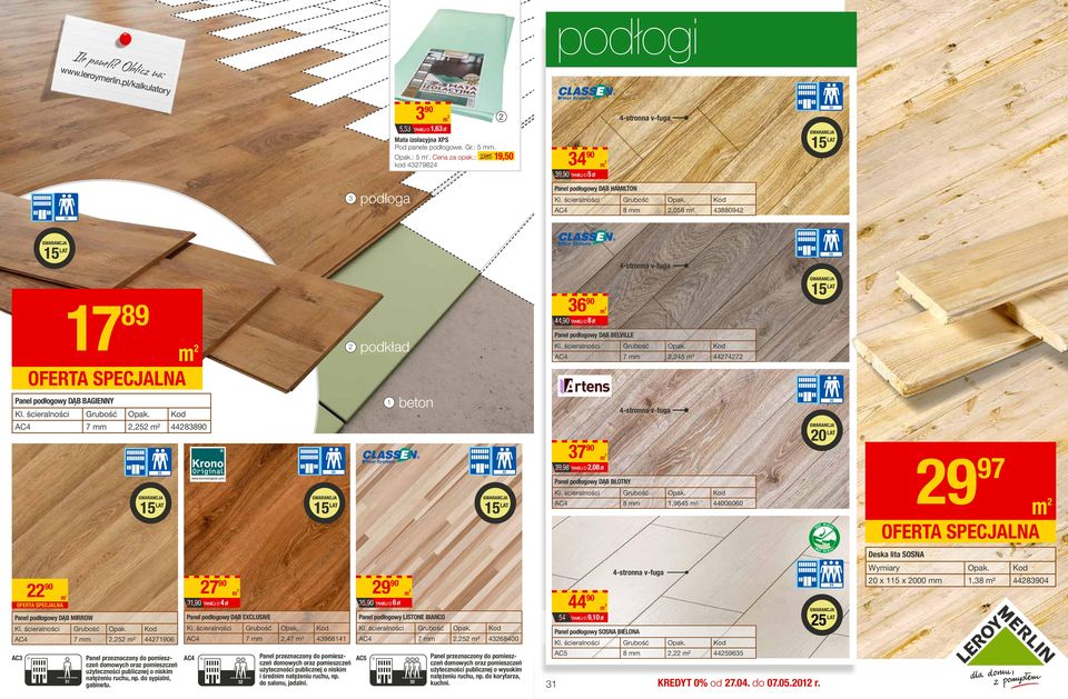 ścieralności Grubość AC4 7,45 ² 44747 Panel podłogowy DĄB BAGIENNY Kl. ścieralności Grubość AC4 7,5 ² 448890 beton 4-stronna v-fuga 790 9 9,98,08 zł Panel podłogowy DĄB BŁOTNY Kl.