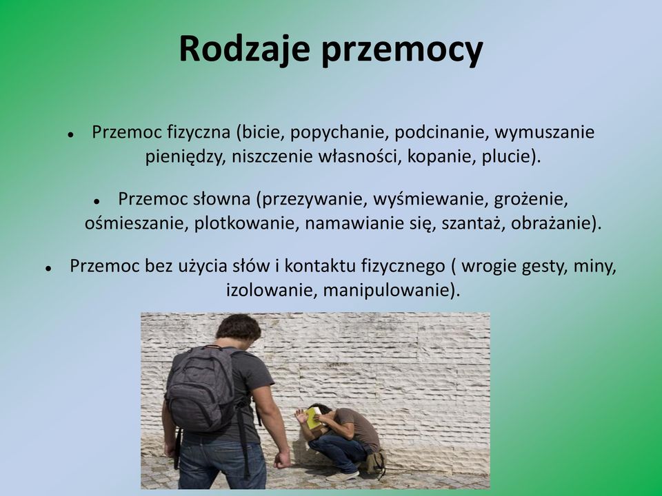 Przemoc słowna (przezywanie, wyśmiewanie, grożenie, ośmieszanie, plotkowanie,