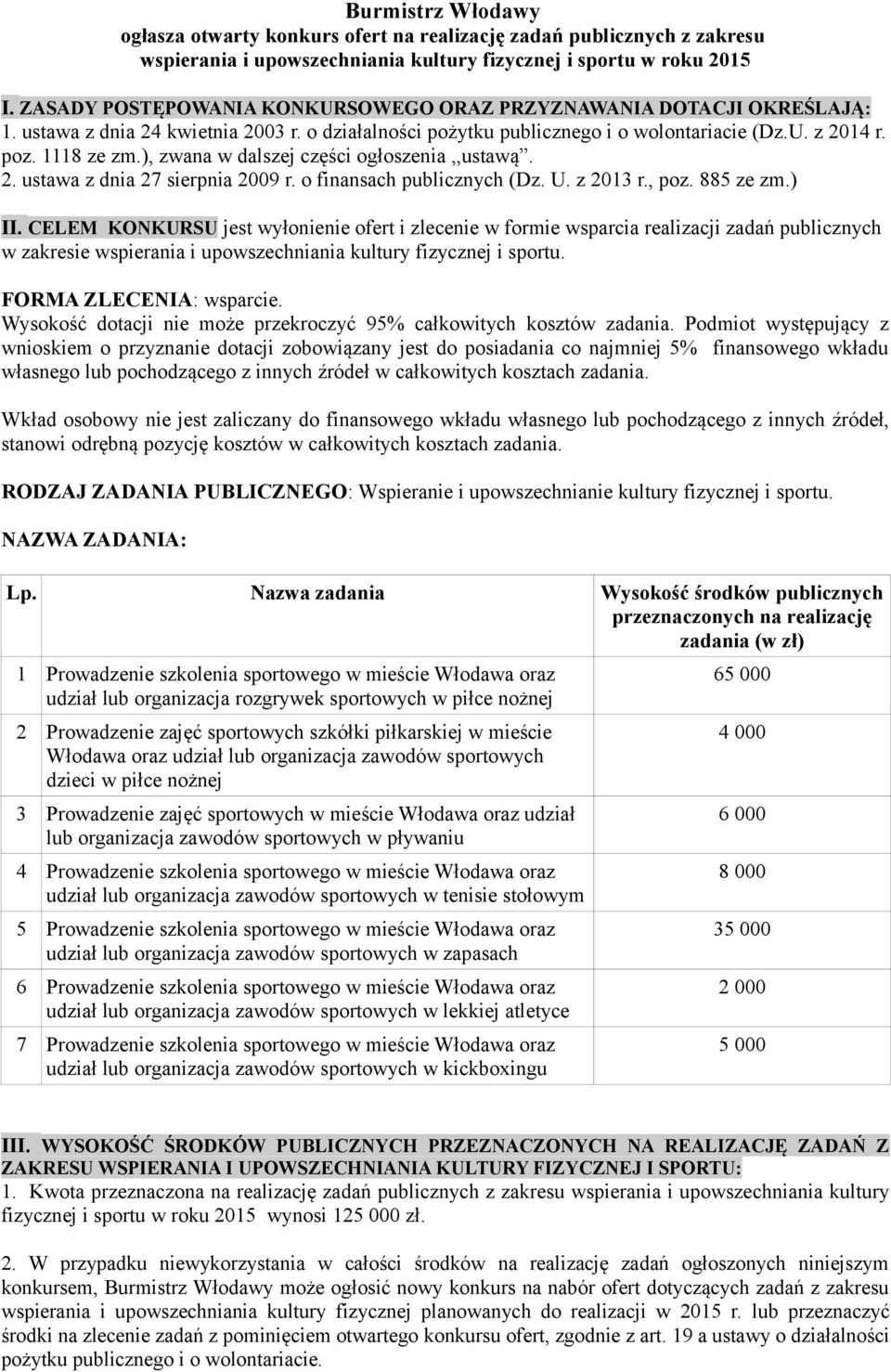 ), zwana w dalszej części ogłoszenia,,ustawą. 2. ustawa z dnia 27 sierpnia 2009 r. o finansach publicznych (Dz. U. z 2013 r., poz. 885 ze zm.) II.