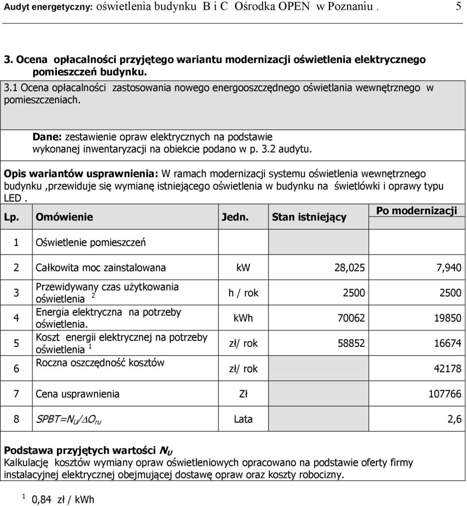 Opis wariantów usprawnienia: W ramach modernizacji systemu oświetlenia wewnętrznego budynku,przewiduje się wymianę istniejącego oświetlenia w budynku na świetlówki i oprawy typu LED.