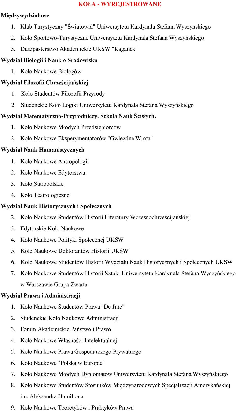 Studenckie Koło Logiki Uniwersytetu Kardynała Stefana Wyszyńskiego Wydział Matematyczno-Przyrodniczy. Szkoła Nauk Ścisłych. 1. Koło Naukowe Młodych Przedsiębiorców 2.