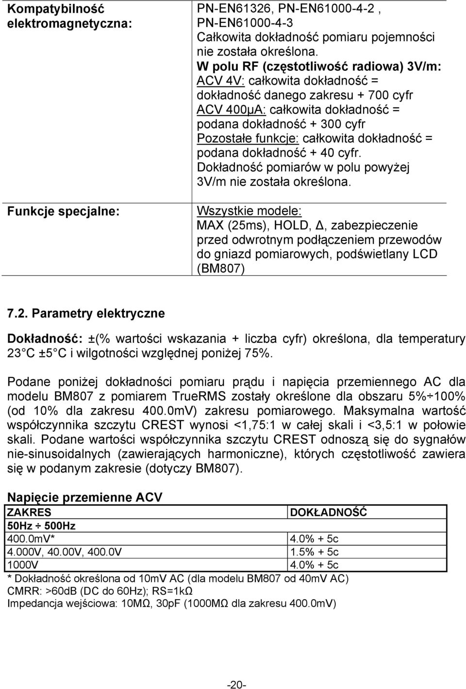 dokładność = podana dokładność + 40 cyfr. Dokładność pomiarów w polu powyżej 3V/m nie została określona.