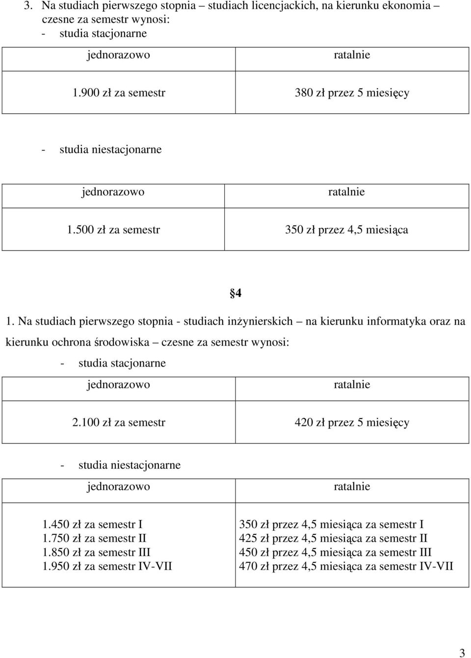 Na studiach pierwszego stopnia - studiach inżynierskich na kierunku informatyka oraz na kierunku ochrona środowiska czesne za semestr wynosi: 2.