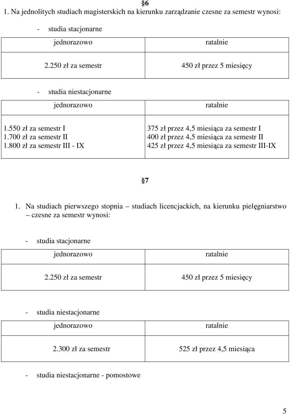 800 zł za semestr III - IX 375 zł przez 4,5 miesiąca za semestr I 400 zł przez 4,5 miesiąca za semestr II 425 zł przez 4,5 miesiąca za