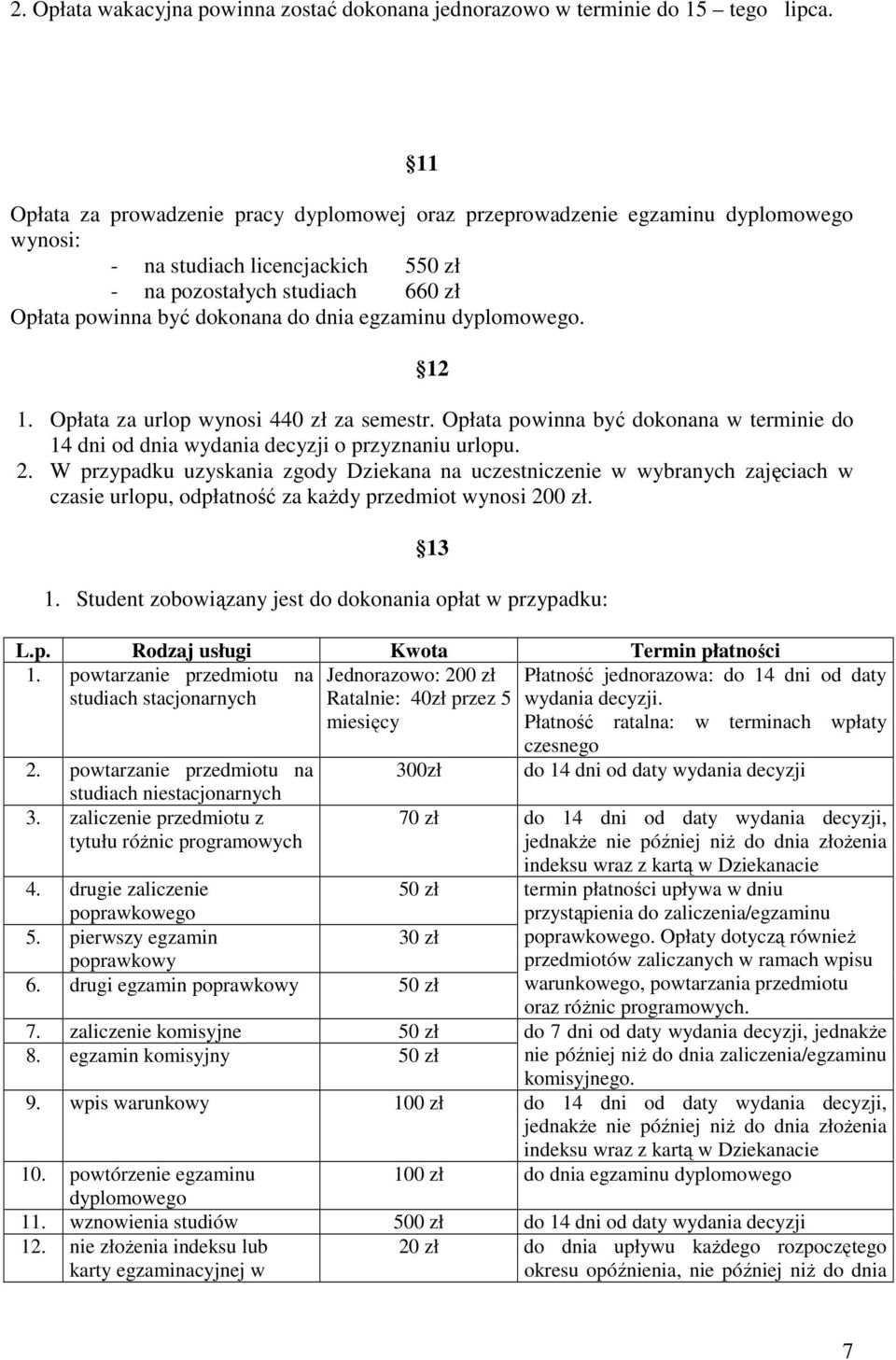 egzaminu dyplomowego. 12 1. Opłata za urlop wynosi 440 zł za semestr. Opłata powinna być dokonana w terminie do 14 dni od dnia wydania decyzji o przyznaniu urlopu. 2.