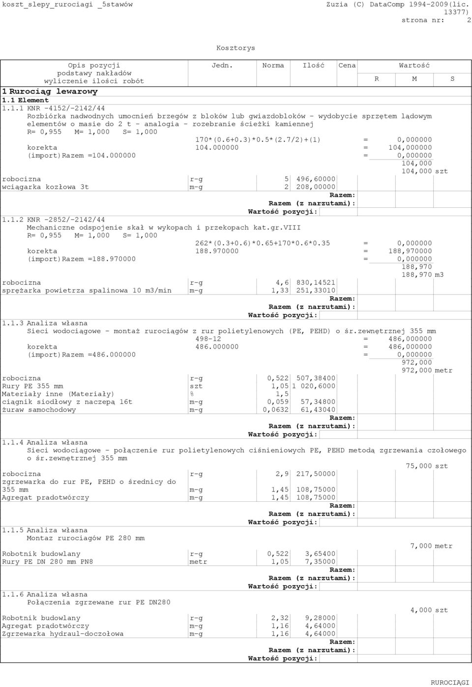 1 Element 1.1.1 KNR -4152/-2142/44 Rozbiórka nadwodnych umocnień brzegów z bloków lub gwiazdobloków - wydobycie sprzętem lądowym elementów o masie do 2 t - analogia - rozebranie ścieżki kamiennej 170*(0.
