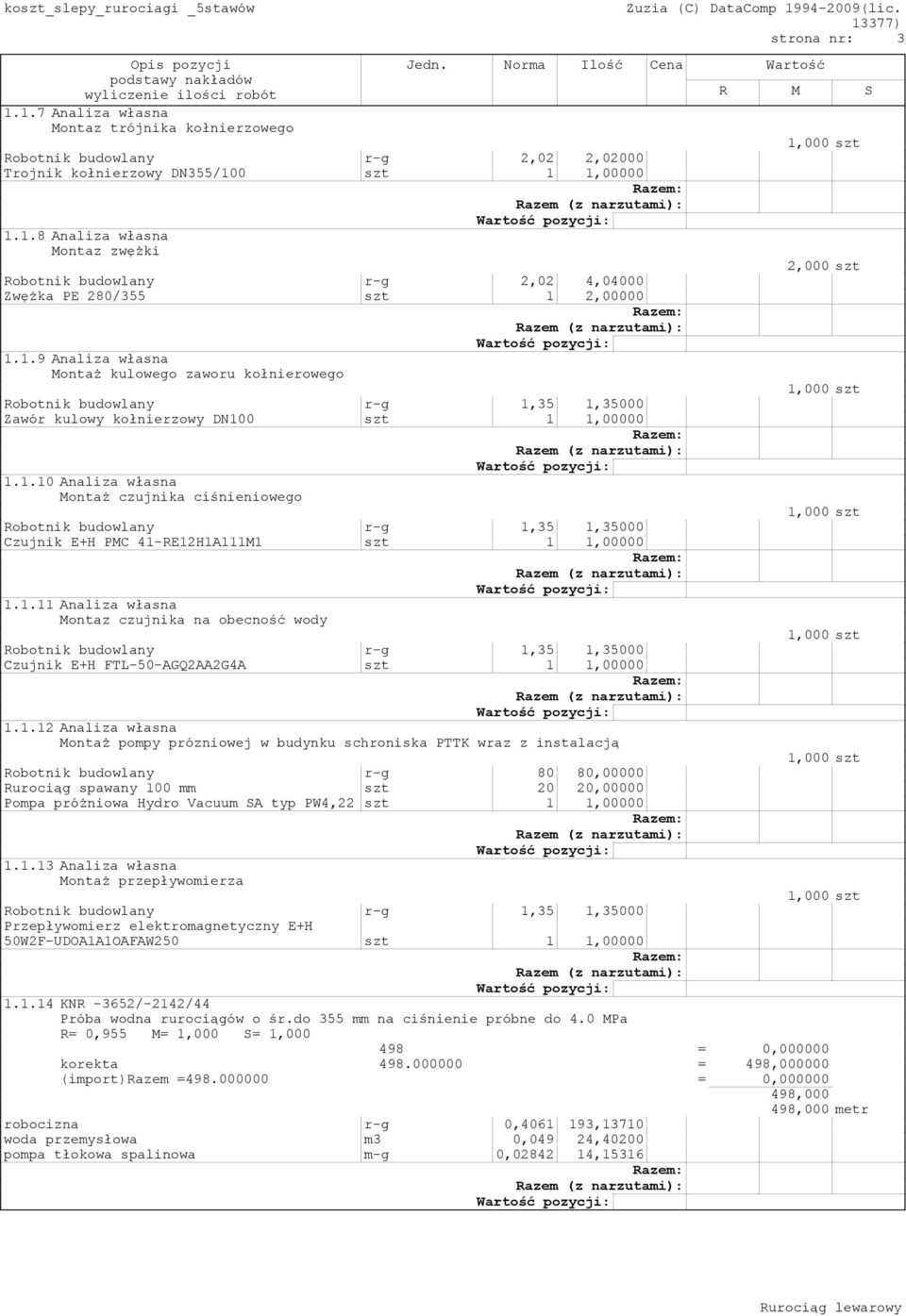 1.11 Analiza własna Montaz czujnika na obecność wody Robotnik budowlany r-g 1,35 1,35000 Czujnik E+H FTL-50-AGQ2AA2G4A szt 1 1,00000 1.1.12 Analiza własna Montaż pompy prózniowej w budynku schroniska