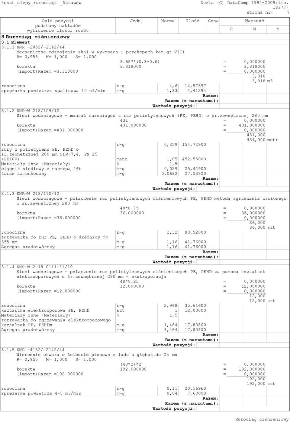 zewnętrznej 280 mm 431 = 0,000000 korekta 431.000000 = 431,000000 (import)razem =431.000000 = 0,000000 431,000 431,000 metr robocizna r-g 0,359 154,72900 rury z polietylenu PE, PEHD o śr.