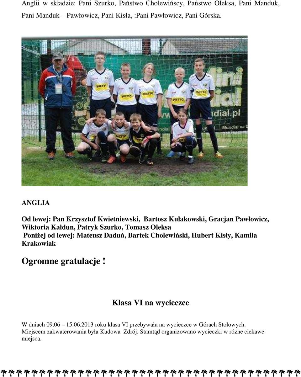 lewej: Mateusz Daduń, Bartek Cholewiński, Hubert Kisły, Kamila Krakowiak Ogromne gratulacje! Klasa VI na wycieczce W dniach 09.06 