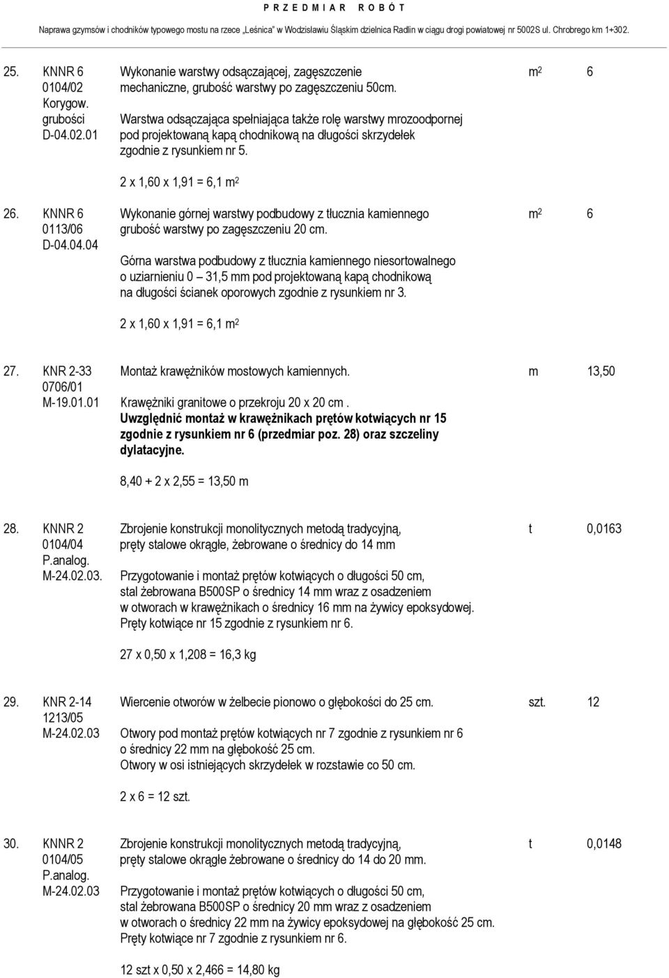 01 Warstwa odsączająca spełniająca także rolę warstwy mrozoodpornej pod projektowaną kapą chodnikową na długości skrzydełek zgodnie z rysunkiem nr 5. 2 x 1,60 x 1,91 = 6,1 m 2 26.