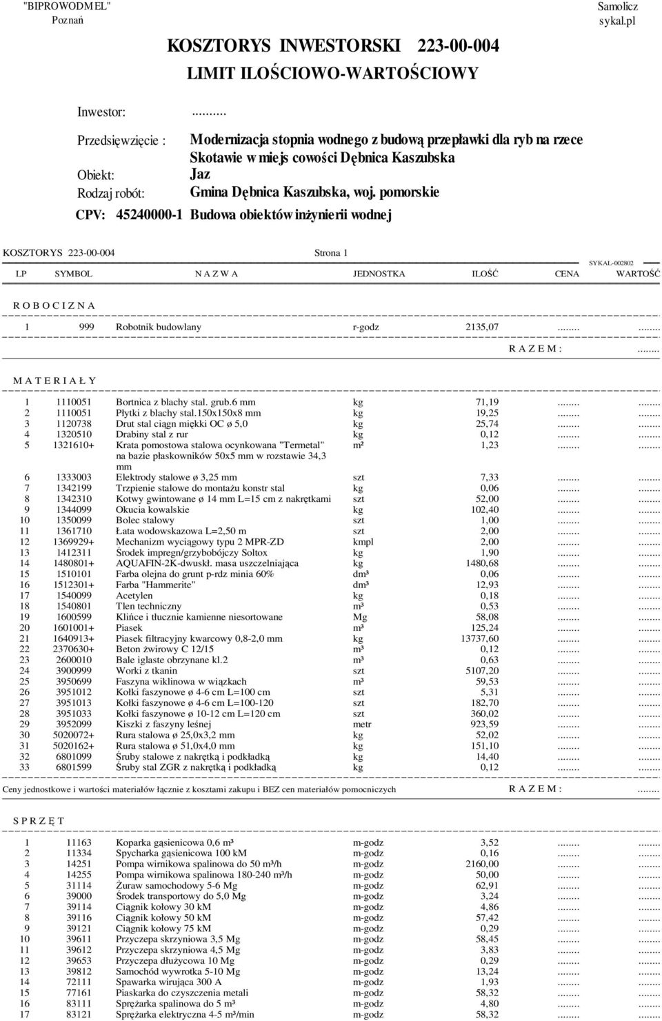 pomorskie CPV: 45240000-1 Budowa obiektów inżynierii wodnej KOSZTORYS 223-00-004 Strona 1 LP SYMBOL N A Z W A OSTKA ILOŚĆ CENA WARTOŚĆ R O B O C I Z N A 1 999 Robotnik budowlany r-godz 2135,07 R A Z