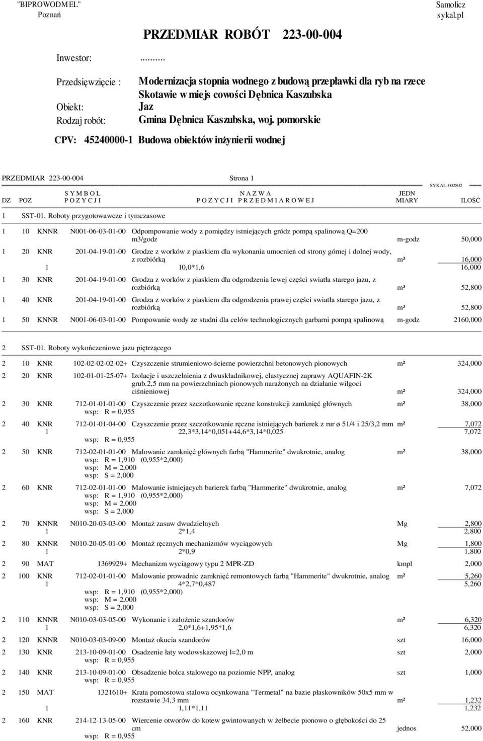 pomorskie CPV: 45240000-1 Budowa obiektów inżynierii wodnej PRZEDMIAR 223-00-004 Strona 1 S Y M B O L P O Z Y C J I 1 SST-01.
