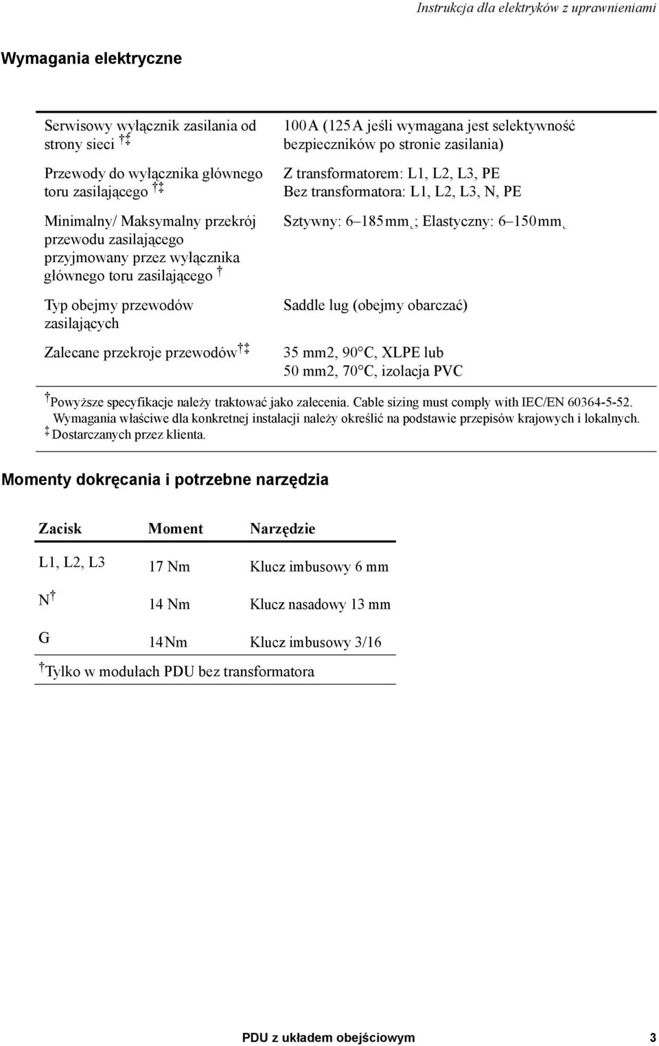 L3, PE Bez transformatora: L1, L2, L3, N, PE Sztywny: 6 185mm ; Elastyczny: 6 150mm Saddle lug (obejmy obarczać) 35 mm2, 90 C, XLPE lub 50 mm2, 70 C, izolacja PVC Powyższe specyfikacje należy