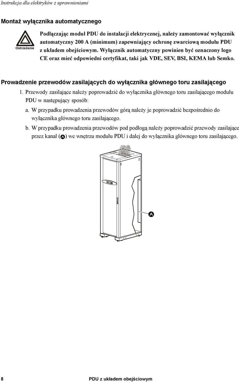 Prowadzenie przewodów zasilających do wyłącznika głównego toru zasilającego 1. Przewody zasilające należy poprowadzić do wyłącznika głównego toru zasilającego modułu PDU w następujący sposób: a.