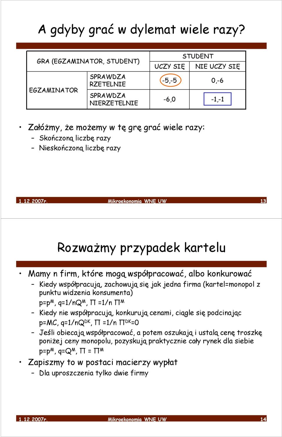 konsumenta) p=p M, q=1/nq M, Π =1/n Π M Kiedy nie współpracują, konkurują cenami, ciągle się podcinając p=mc, q=1/nq DK, Π =1/n Π DK =0 Jeśli obiecają współpracować, a potem oszukają i