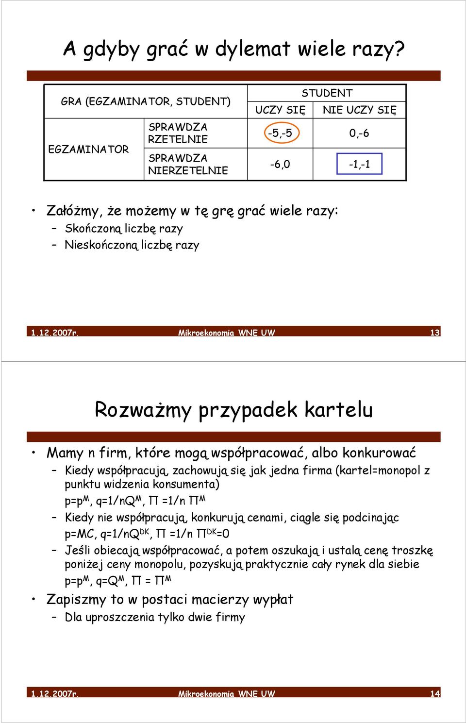 konsumenta) p=p M, q=1/nq M, Π =1/n Π M Kiedy nie współpracują, konkurują cenami, ciągle się podcinając p=mc, q=1/nq DK, Π =1/n Π DK =0 Jeśli obiecają współpracować, a potem oszukają i