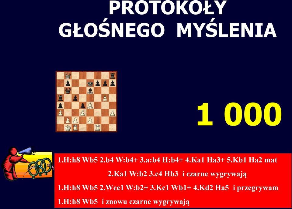 Ka1 W:b2 3.c4 Hb3 i czarne wygrywają 1.H:h8 Wb5 2.