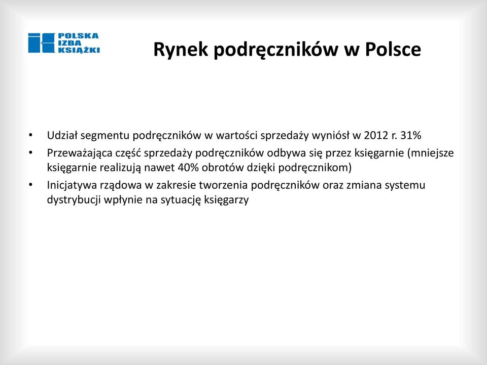 31% Przeważająca część sprzedaży podręczników odbywa się przez księgarnie (mniejsze