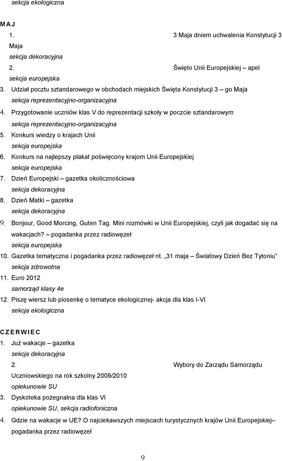 Przygotowanie uczniów klas V do reprezentacji szkoły w poczcie sztandarowym sekcja reprezentacyjno-organizacyjna 5. Konkurs wiedzy o krajach Unii 6.